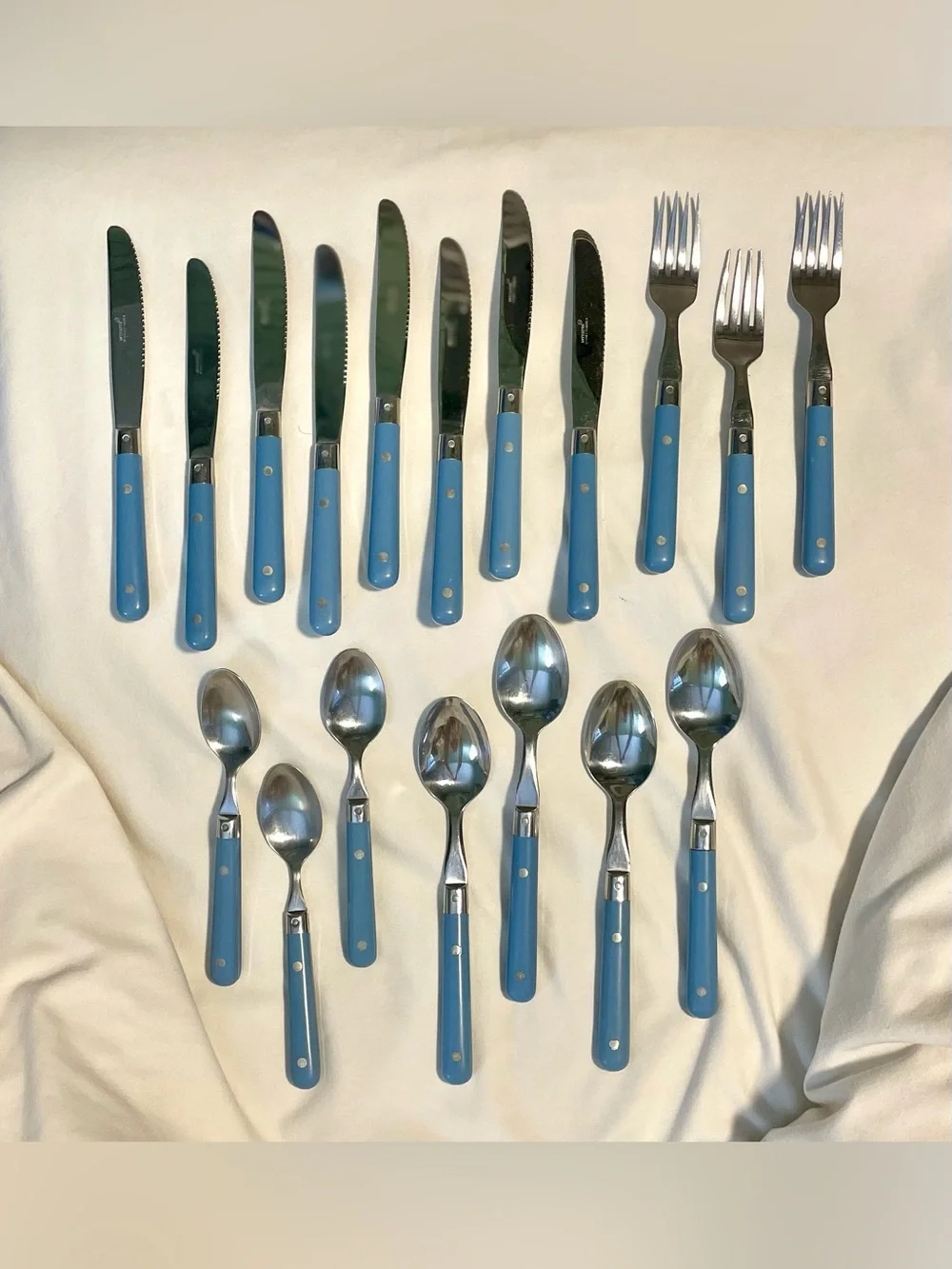 VNTG Interpur Stainless Steel Flatware~ Korea ~Blue Lucite(?) Handles- 18 pieces